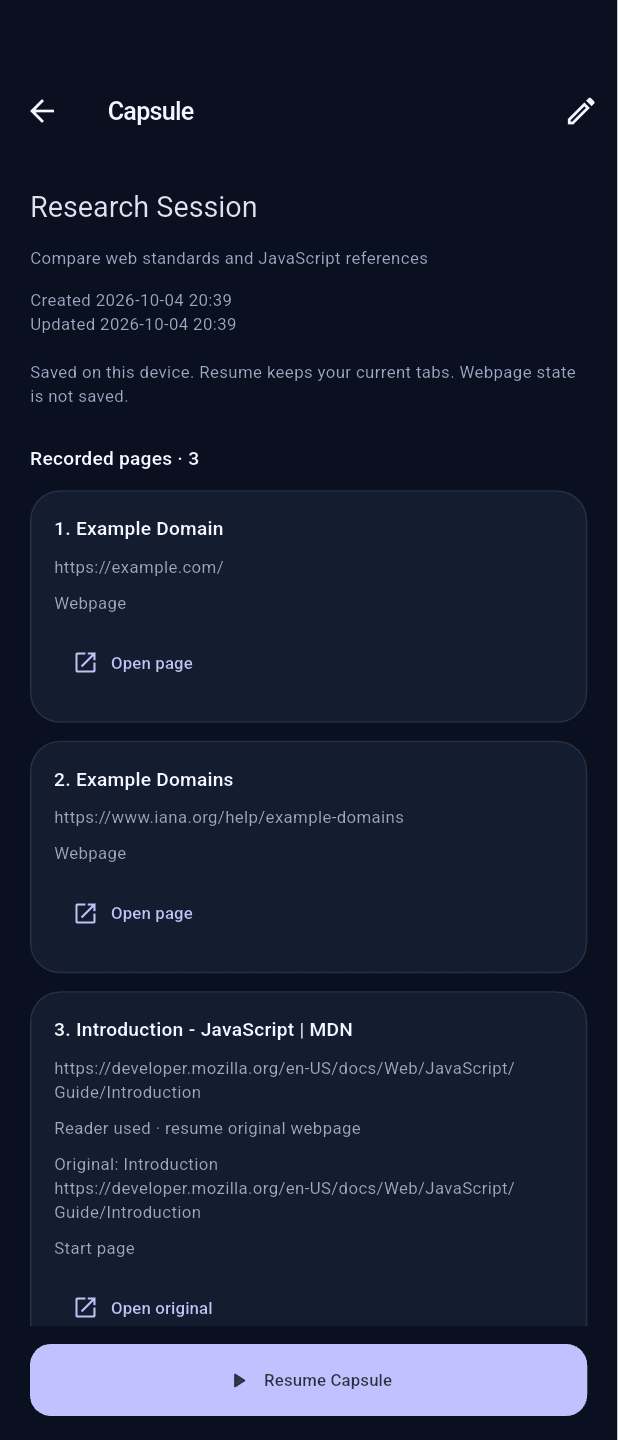 Actual Browser Android capture after restart: Research Session Capsule, three saved pages, source limits and Resume Capsule.