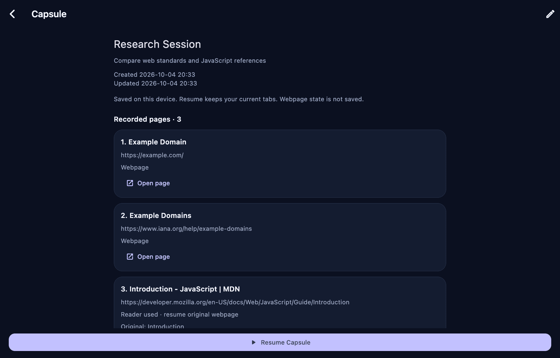 Actual Browser macOS Capsule after restart: Research Session, three chosen pages and Resume Capsule.