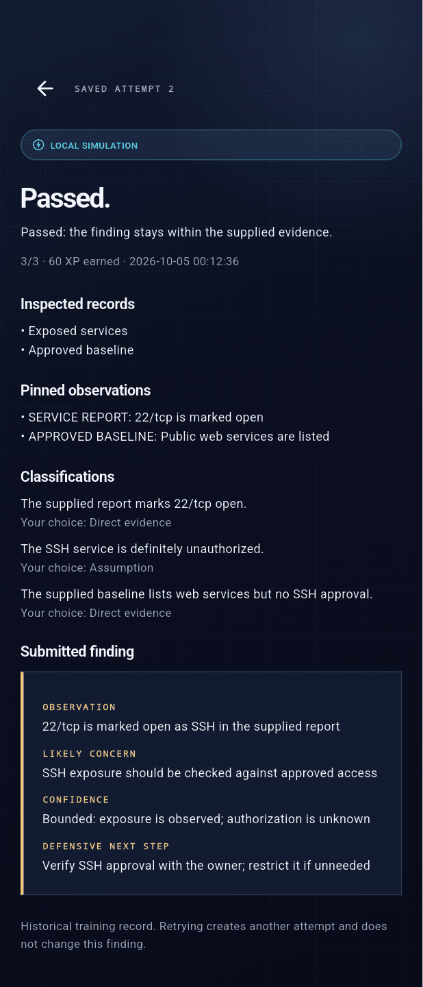 Actual Cyber training record: corrected finding saved as attempt two after process restart.