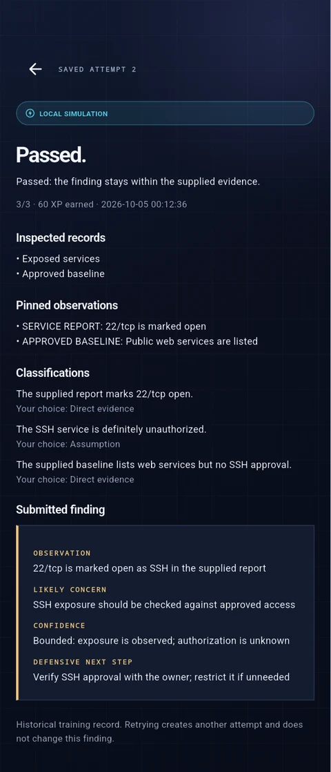 Actual Cyber Android development build: a saved learning attempt with inspected records, evidence classifications and a bounded finding.