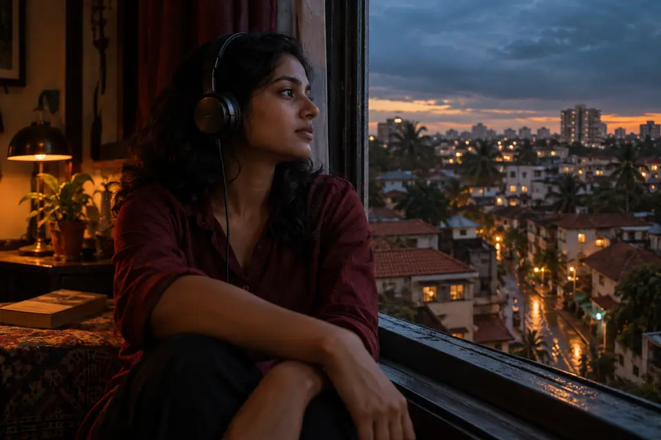 A Tamil listener wearing headphones beside a window, with the warm lights of Chennai at dusk beyond her.
