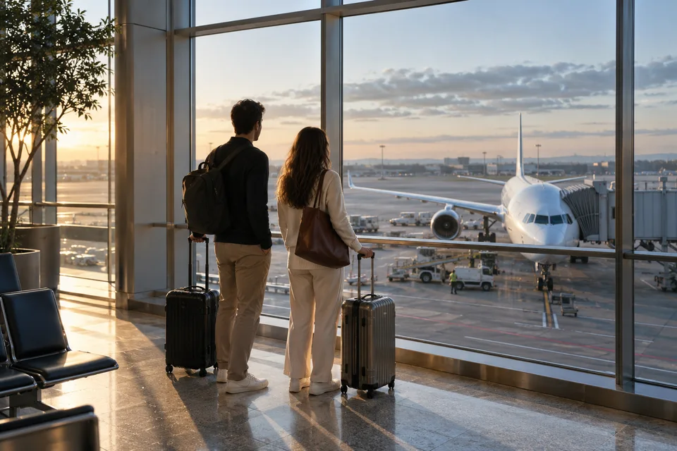 Two travellers with their luggage at an airport window, looking toward an aircraft at its gate in soft morning light.